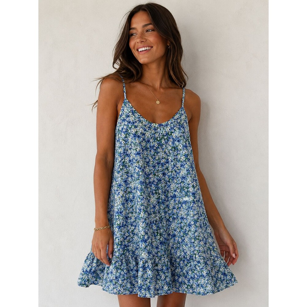 Qearal Blue and Green Floral Strappy Mini Dress Boho Summer Size Medium